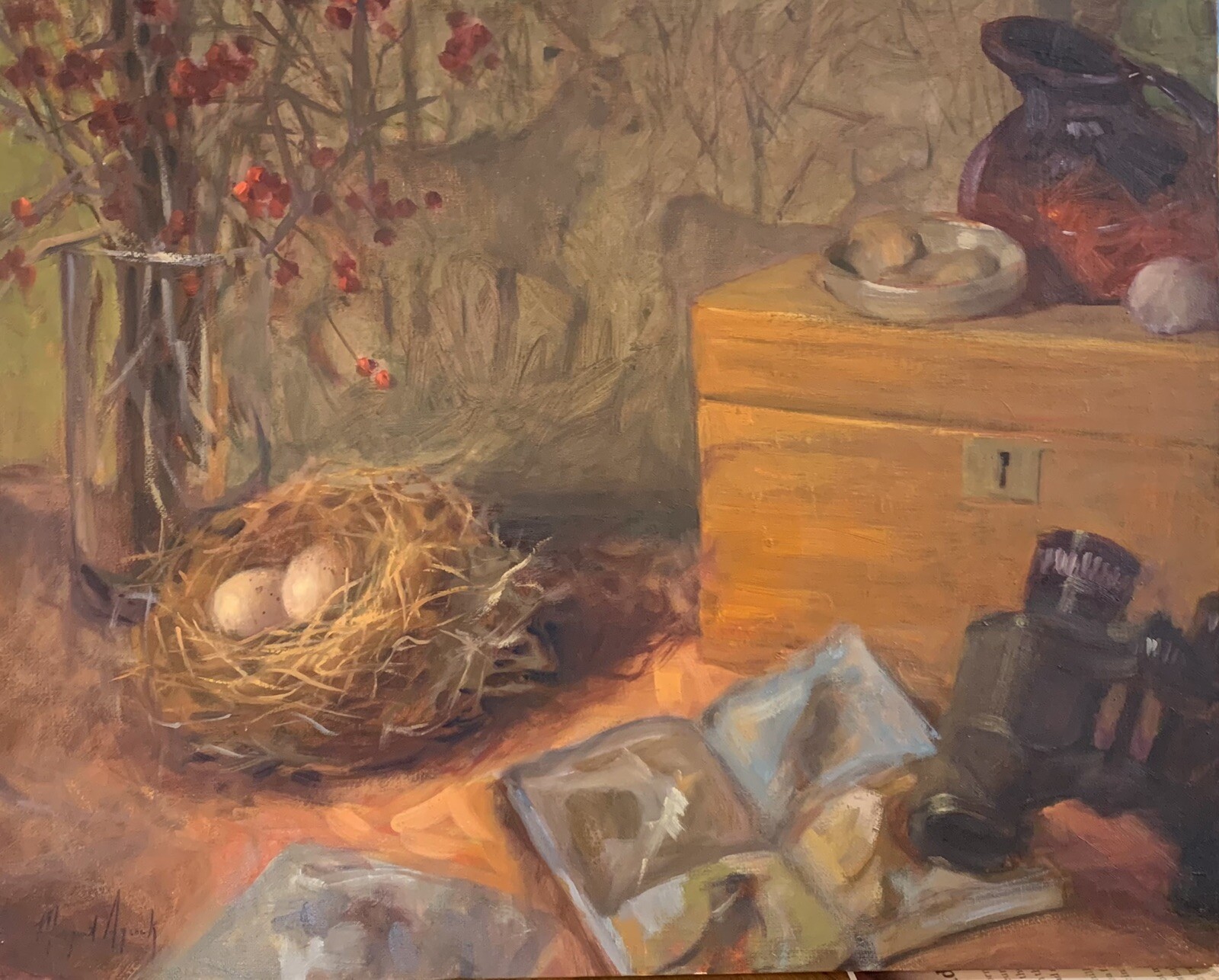 Painting impressionist realism blue Bird eggs Margaret Aycock Original Art