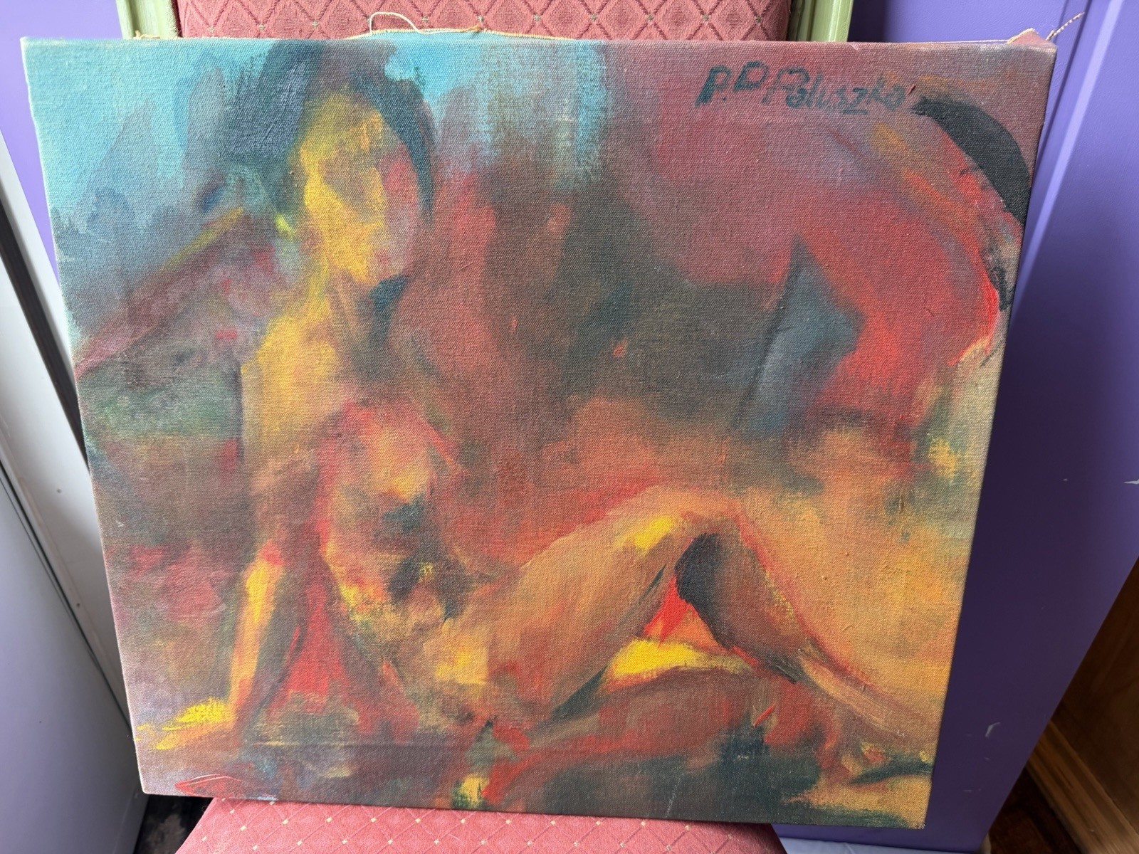 Vtg Abstract Painting Signed By P.D. Paluszko Woman 21.5”x18.5” Art Canvas