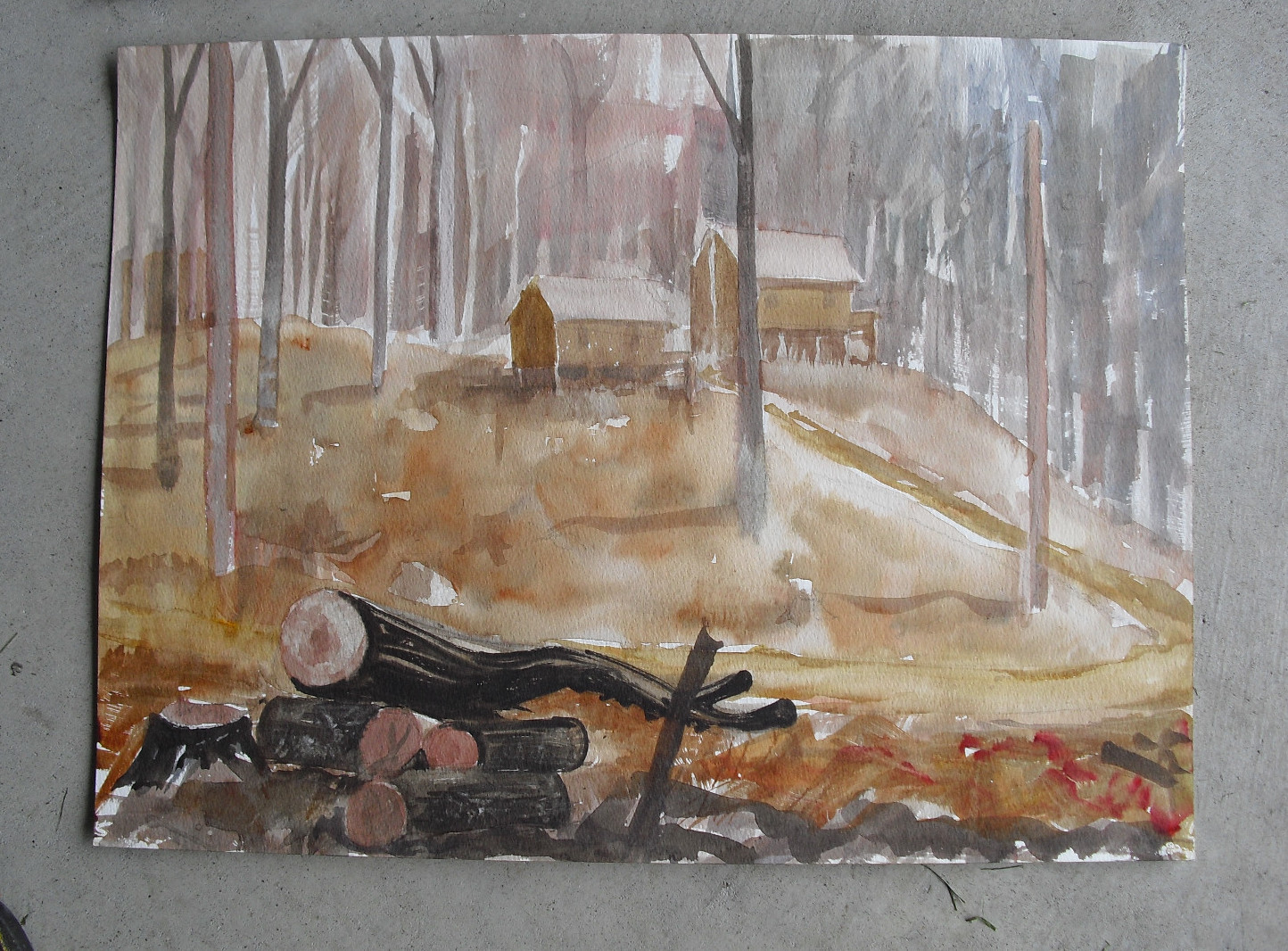 Original Watercolor Painting of Wood Houses Logs in the Woods LOOK