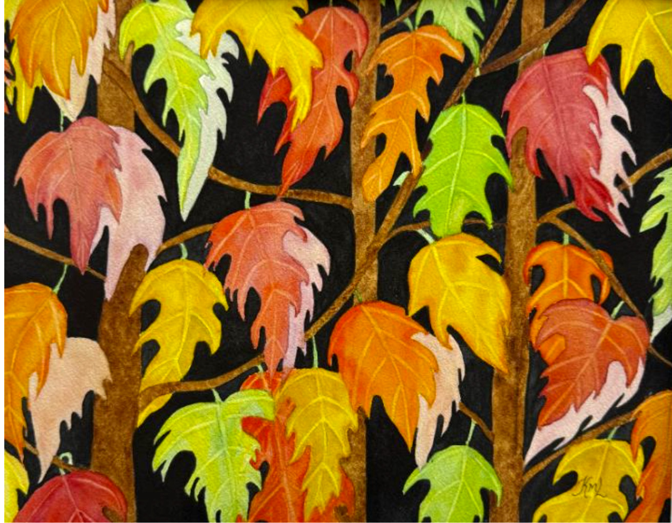 PAINTING WATERCOLOR ART FALL LEAVES RED ORANGE 11X14 and WHITE DOUBLE MAT 16X20