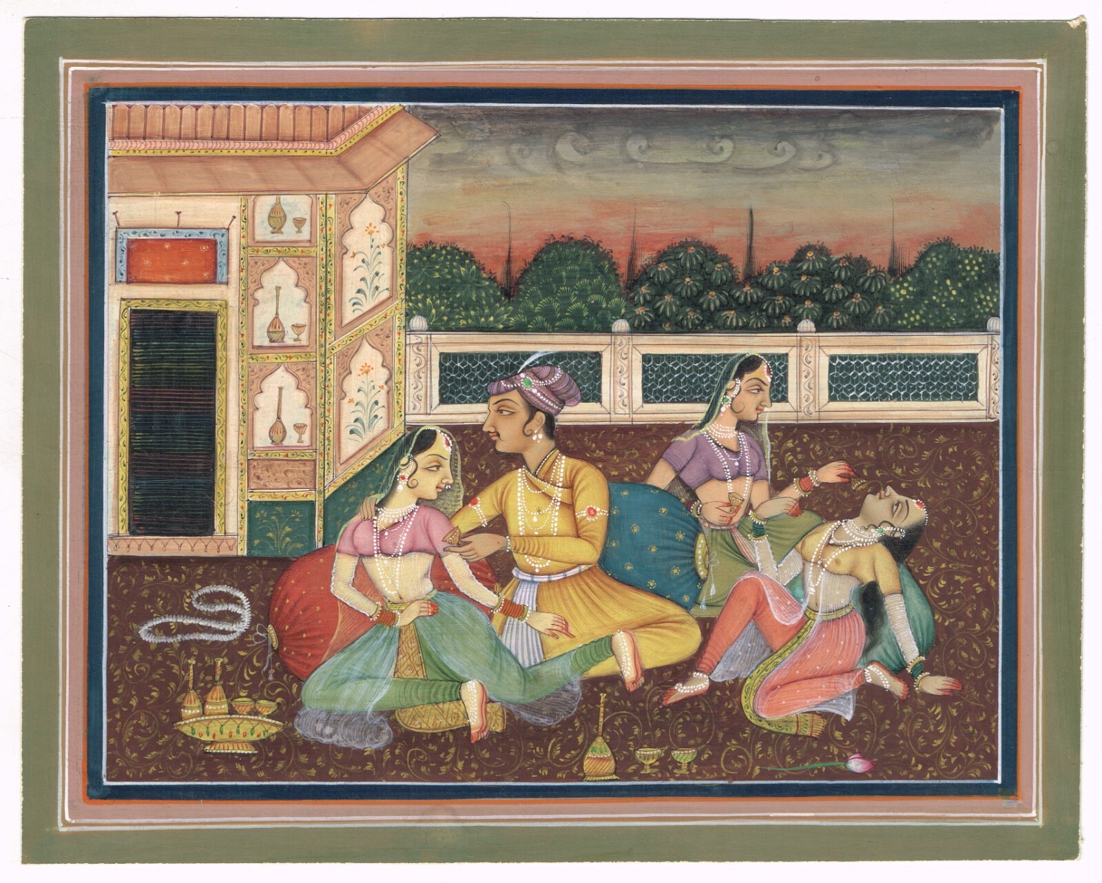 Indian Harem Art Painting Of Mughal Prince With Women On Terrace 8.5×6.5 Inches