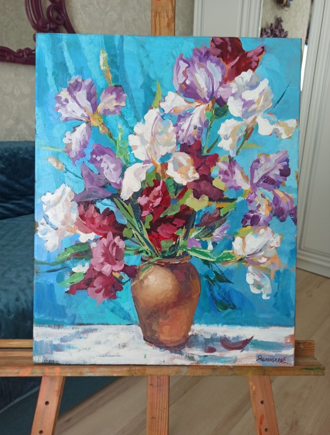 ORIGINAL Painting on canvas Bouquet of Irises Realism 19.68/15.74 inch