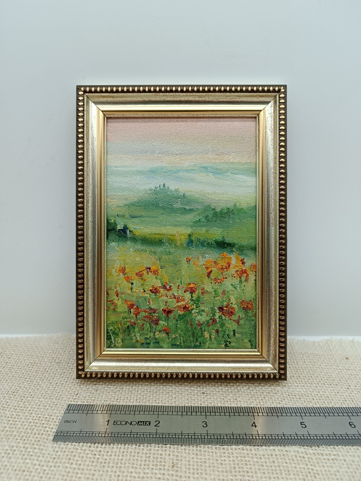 Poppy Field Original Oil Painting 4×6 Framed Signed Misty Meadow Landscape Art