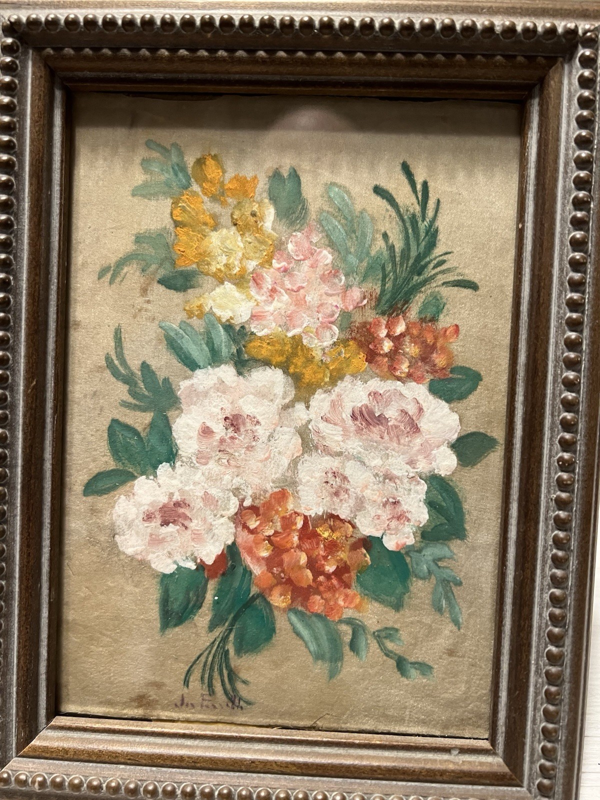 Vintage 5”x7” Hand painted Oil On Fabric Floral In Vintage Frame Signed
