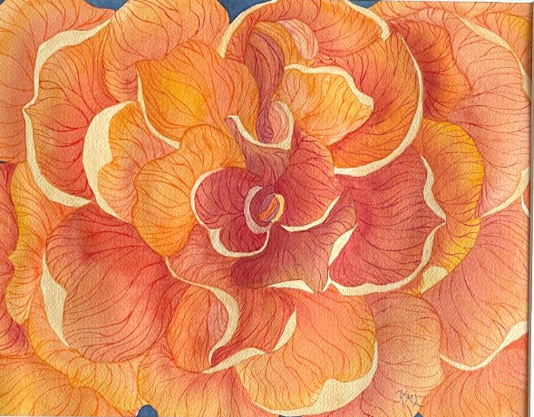 PAINTING WATERCOLOR 11X14 AND MAT 16X20 FLOWER BEGONIA ORANGE RED ORIGINAL ART