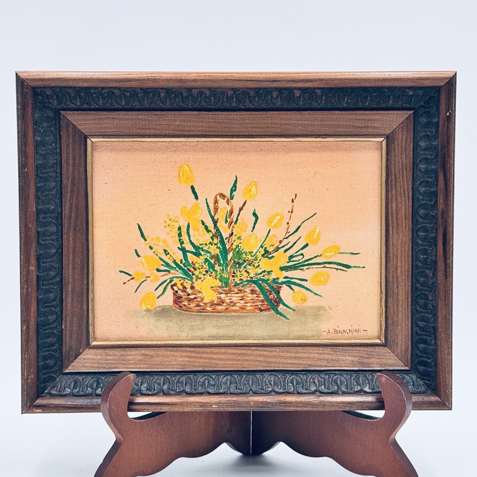 Mini Oil Painting Basket of Yellow Flowers 2-Tone Wood Frame 10×7.5” Art 7×5”