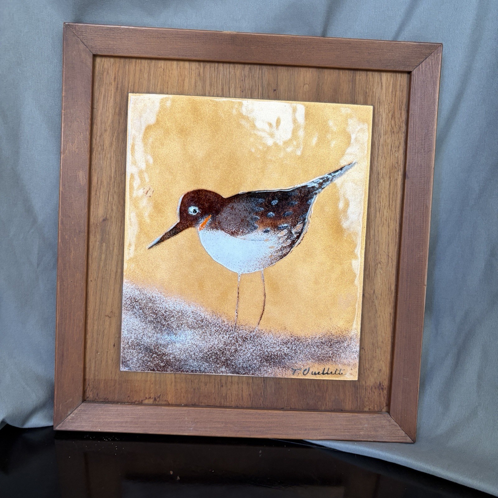 Vtg MCM Enamel Copper Painting Sandpiper Bird Terri Ouellette Framed 13” x 11”