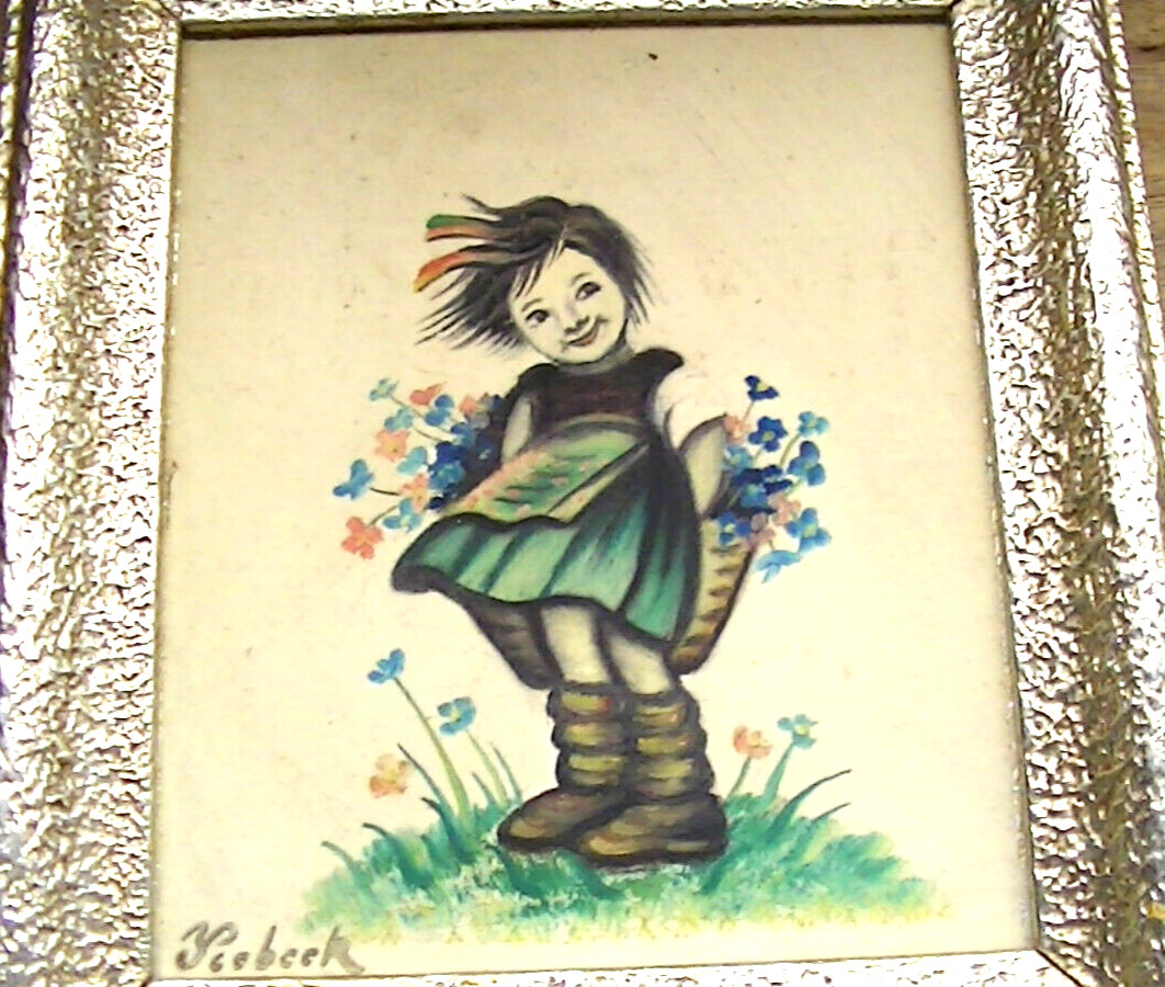 Vintage Small painting » Girl With Violets» Signature NOT identified 6″ x 7″