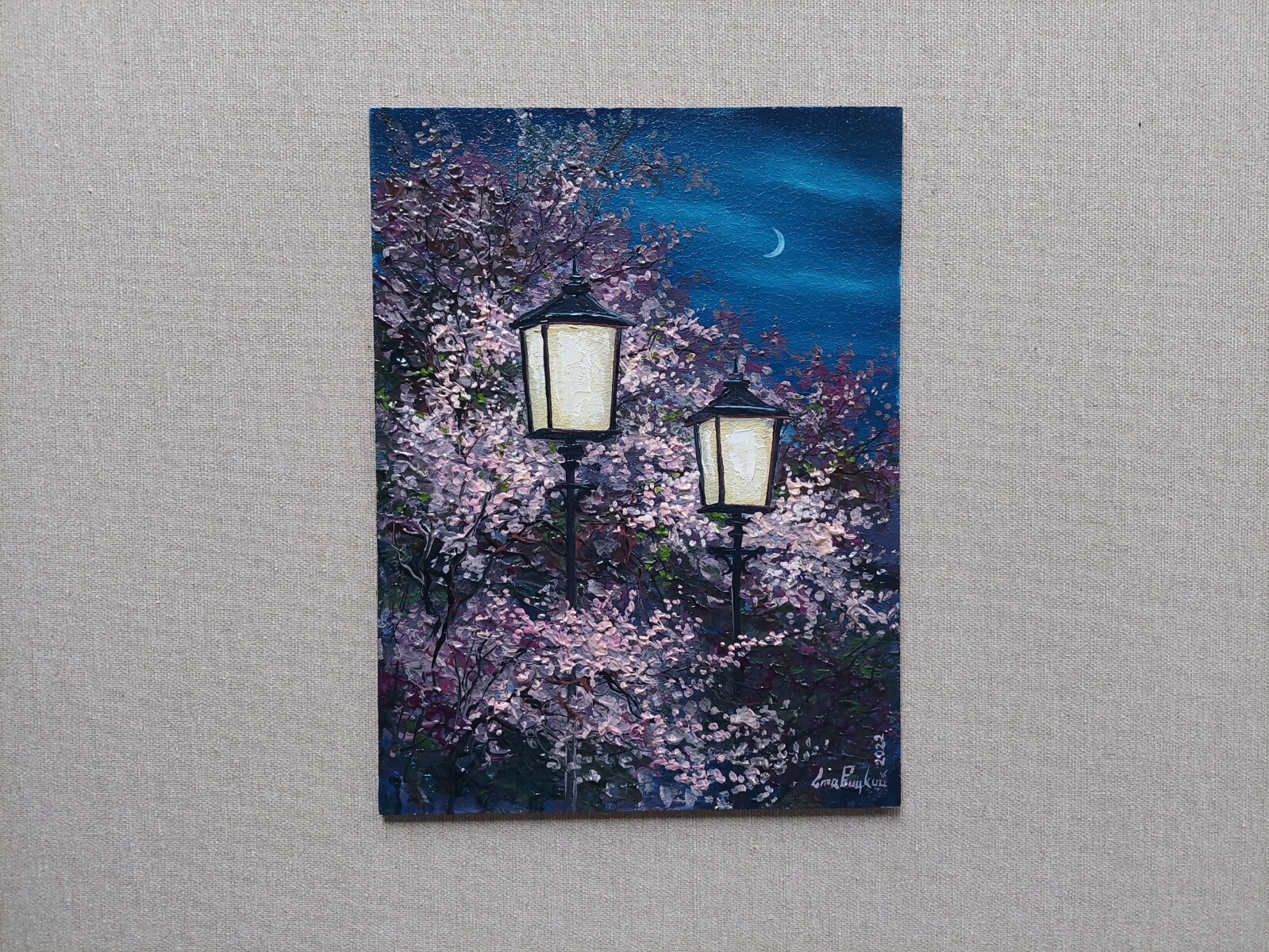 Spring sakura in bright lights of the spring night original art, Blossom Cherry