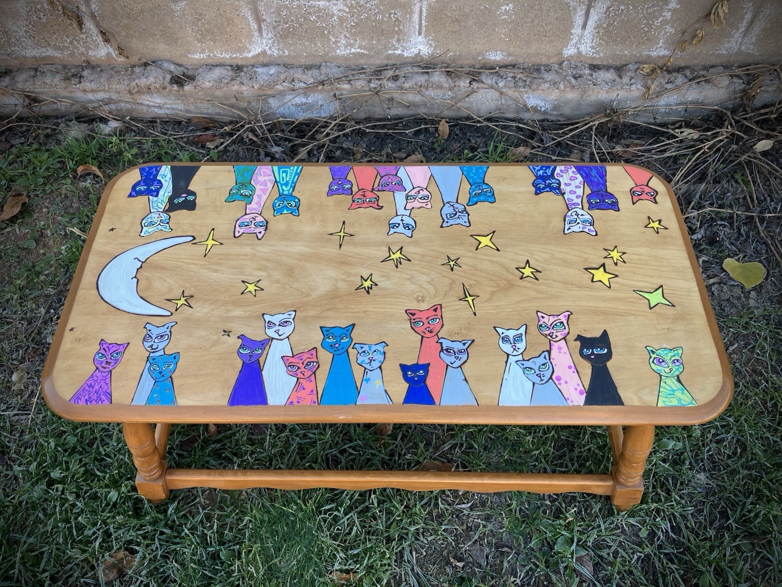 Hand Painted CAT Coffee Table * CATS * Signed Aubri Dunklee * Moon and STAR