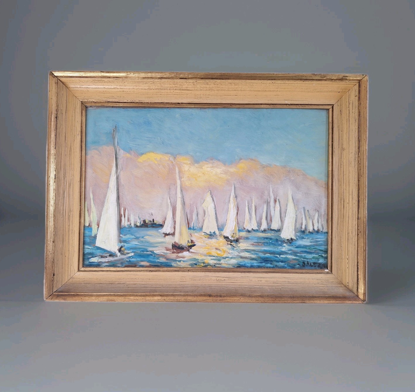 Vintage Oil Painting Marine Landscape Sailboat, Racing Boat Framed Signed