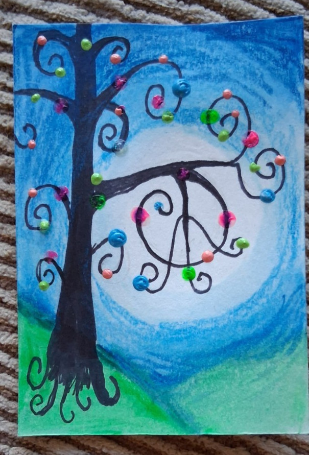 ACEO Art Card PEACE TREE on a Hill in the Moon Light Branches create peace signs