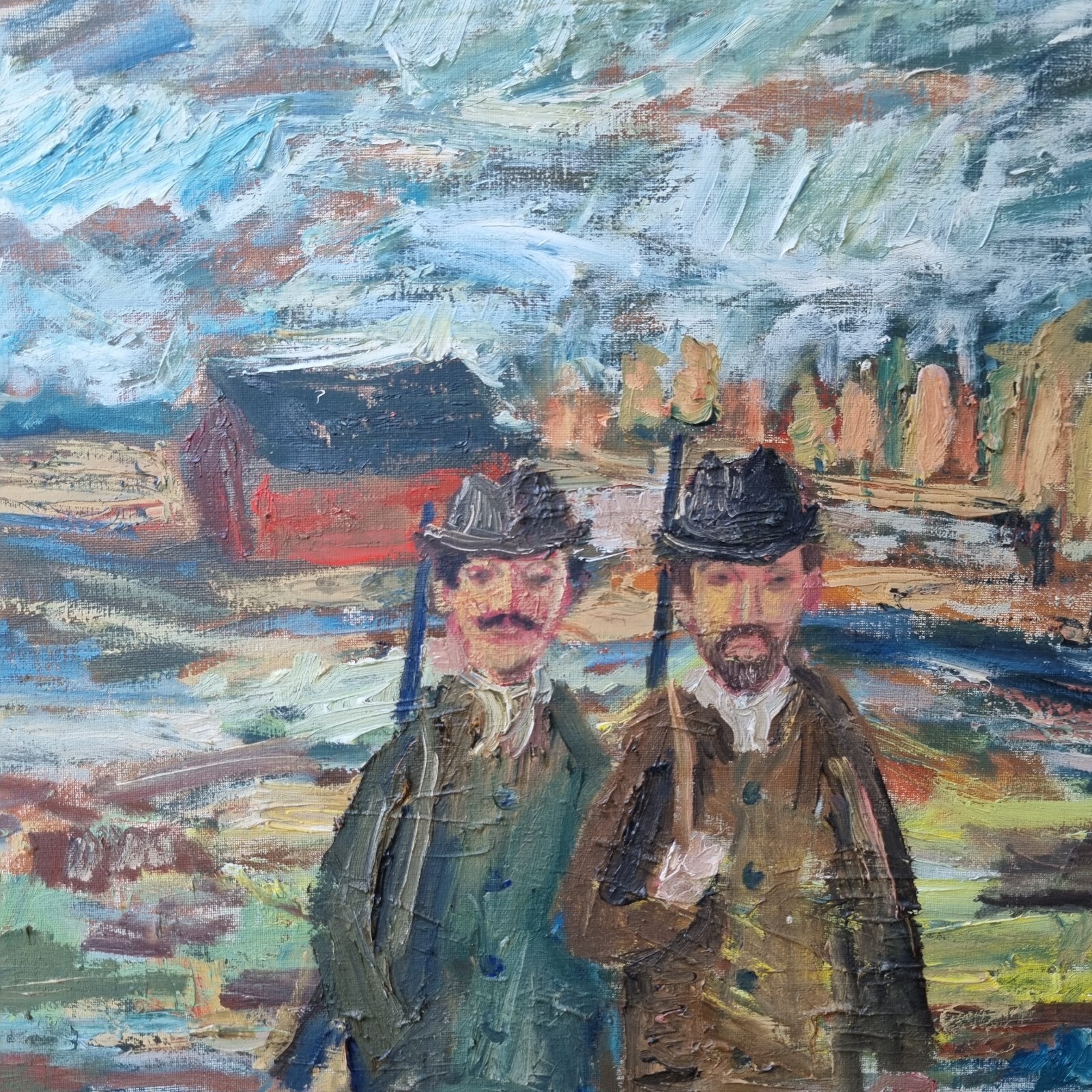 Olle Wallberg Original Swedish painting 70s , Hunters in the Forest