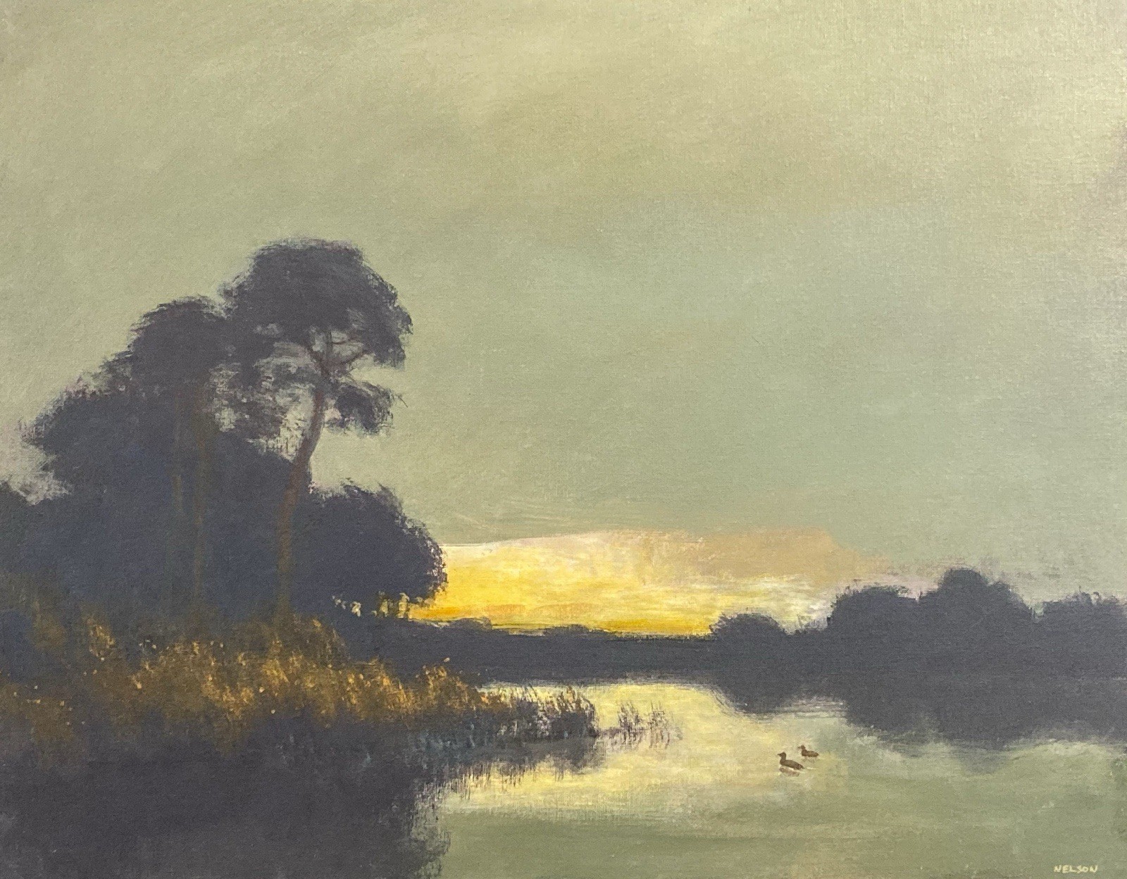 Ducks Bird Wildlife Oil Painting Landscape River Sunset Glow Signed Art Oil