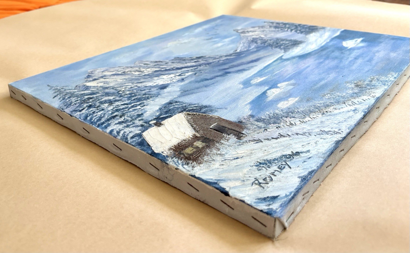 Bob Ross Style Signed Landscape by Rosemary Lee – Winter Cabin Scene – 16×20″