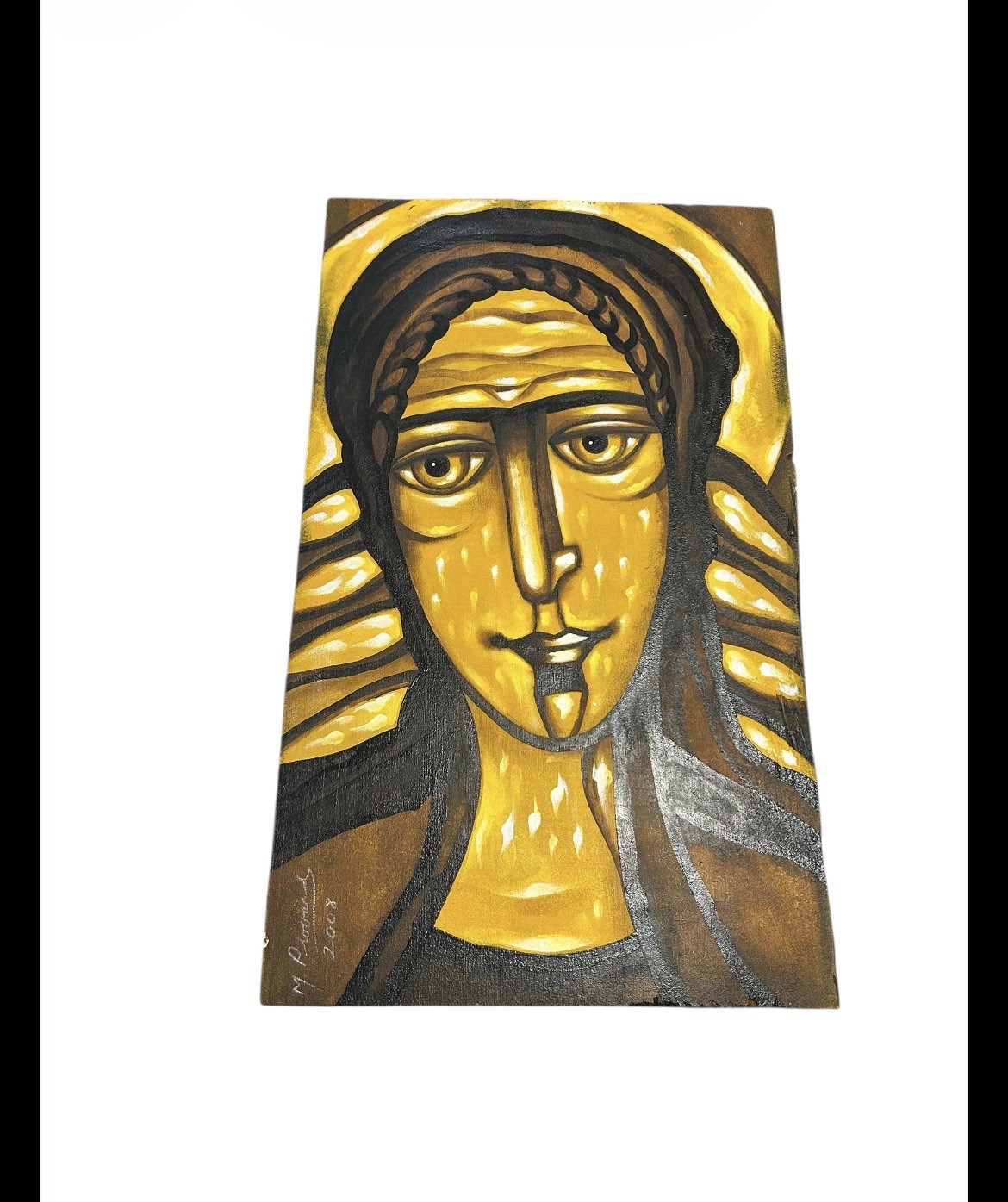 Virgin Mary Madonna Religious Serenity Iconography Painting On Wood Signed Orig
