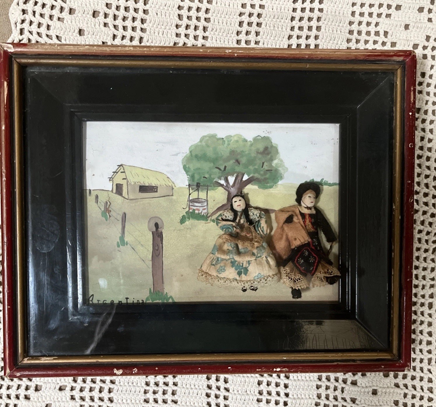 Vintage Shadow Box Framed Painting 2 Figures Traditional Argentinian Folk Art