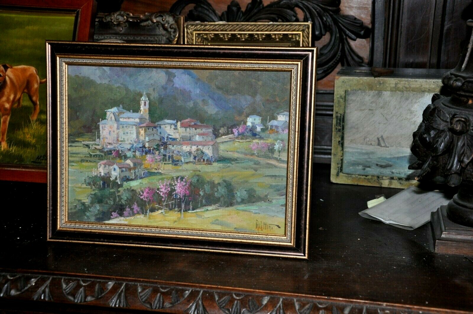 Antique Italian Hillside Town by Listed Artist Vittorio (1890 – 1971)