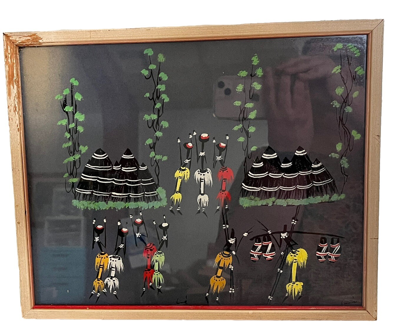 Vintage African Tribal Life Belgian Congo Watercolor Painting Signed Folk Art
