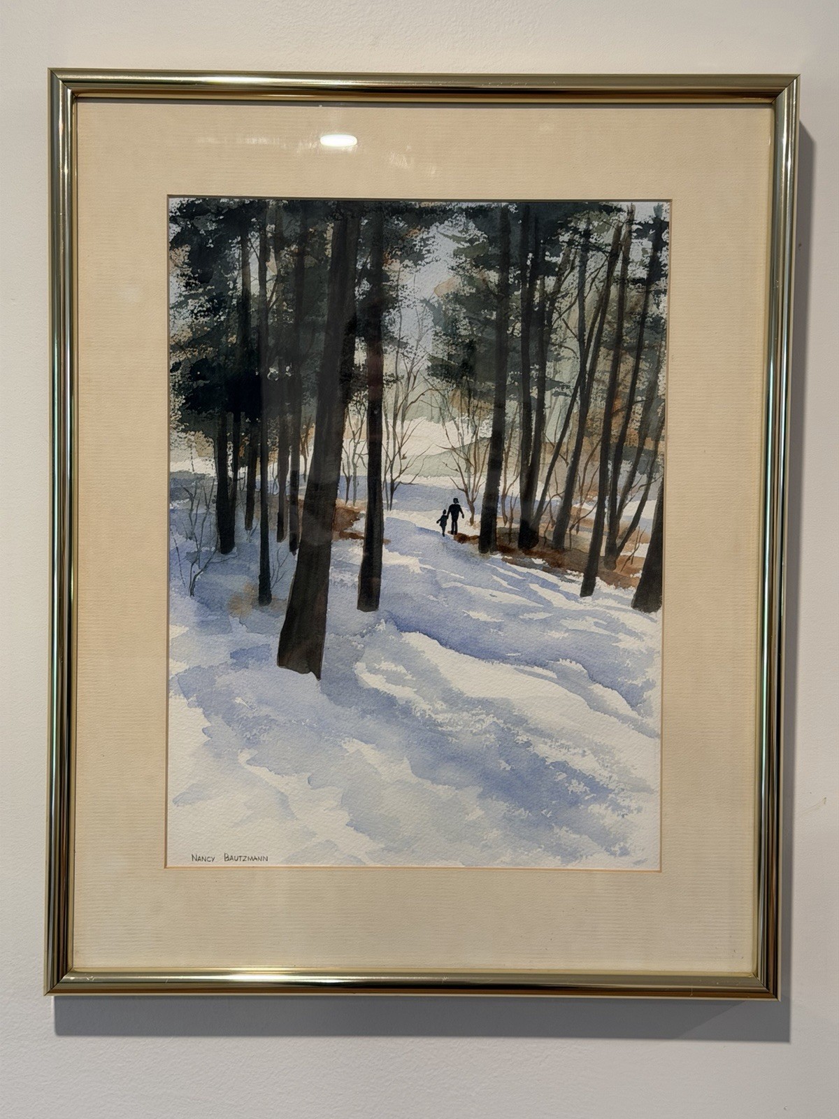 Original Framed Watercolor Painting – Winter Forest Walk by Nancy Bautzmann