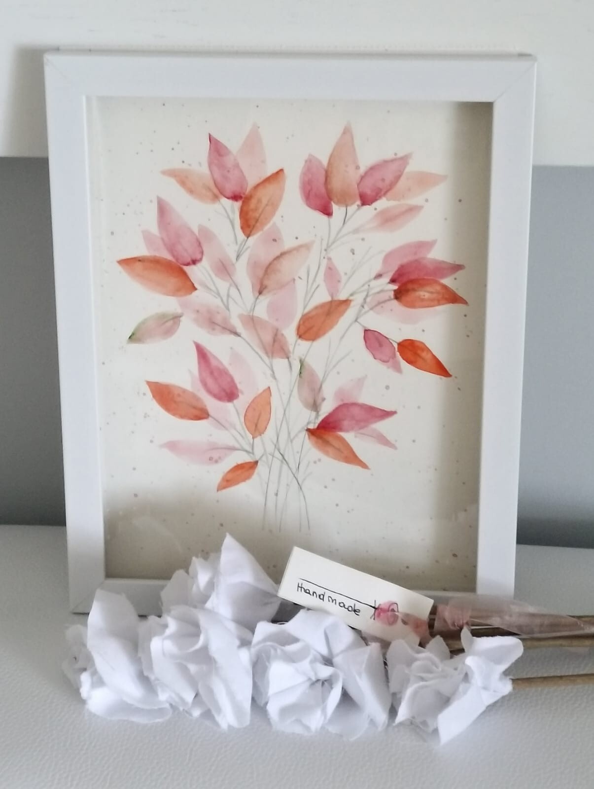HOME DECOR original watercolor painting framed 9.5 x 12 in. AUTUMN LEAVES
