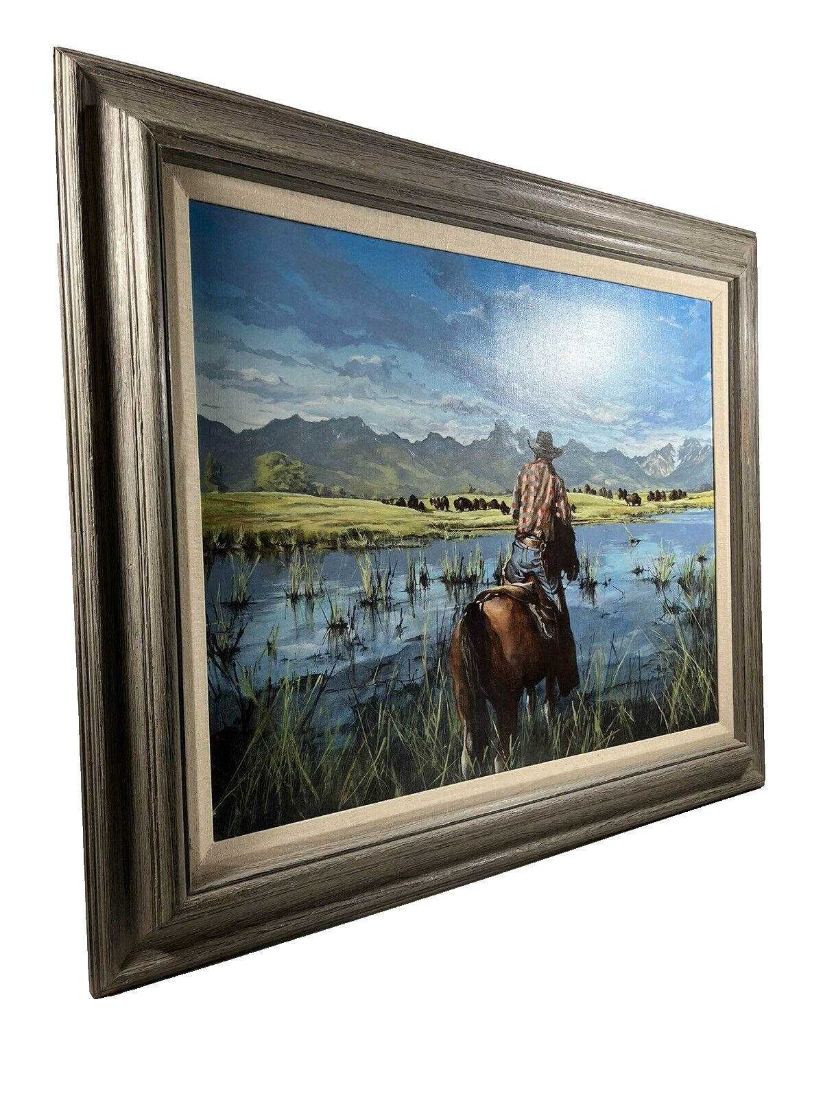 ANTHONY SINCLAIR VINTAGE COWBOY BUFFALO ILLUSTRATION LANDSCAPE OLD OIL PAINTING