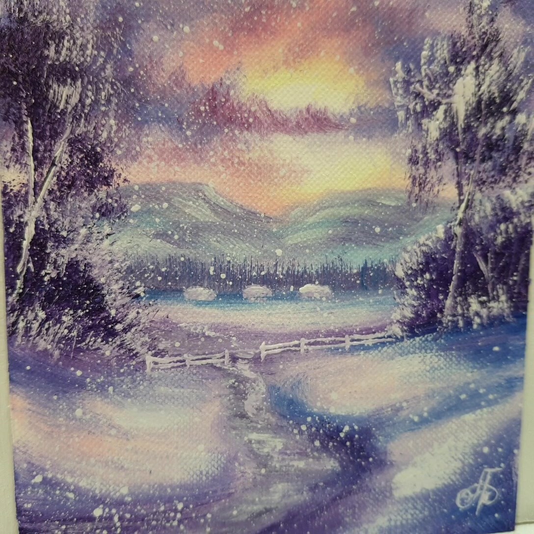 Winter Sunset Snowfall Landscape Cabins Mountains Path Holiday Decor Wall Art