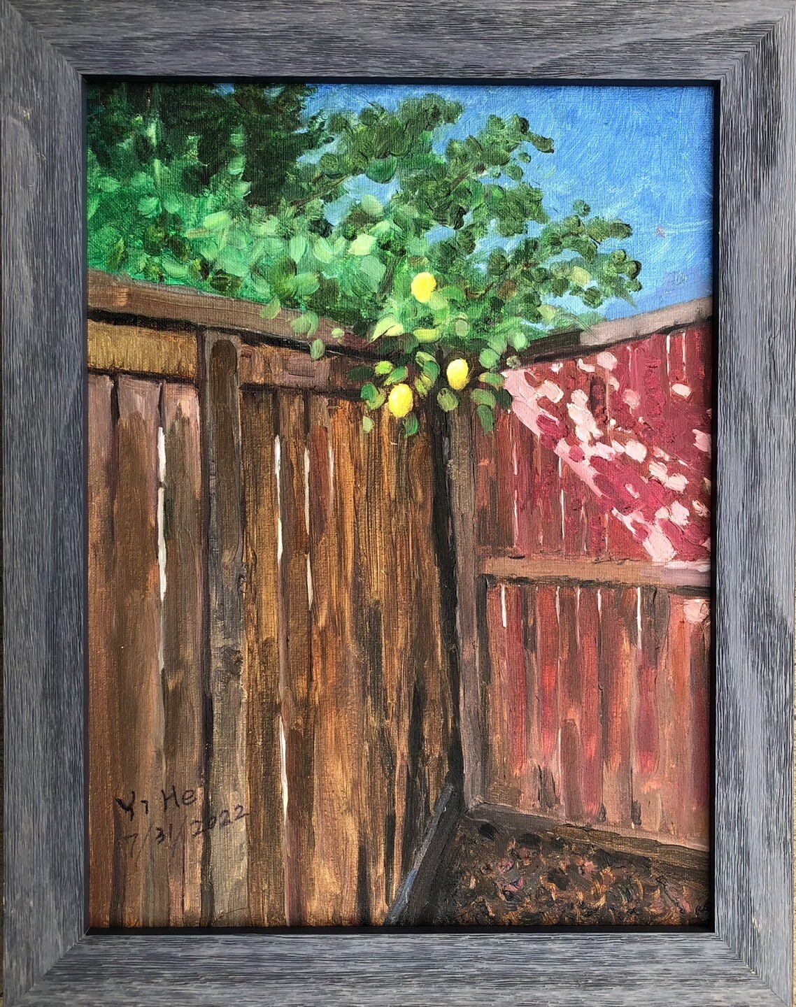 «Lemon Over the Wall» YI HE original oil painting, 12 inches ✖ 16 inches