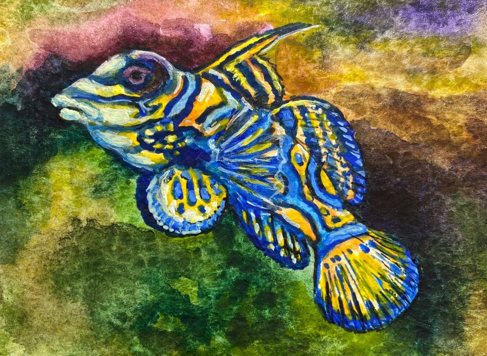 Watercolor Painting Tropical Exotic Mandarin Fish Coral Reef Ocean ACEO Art