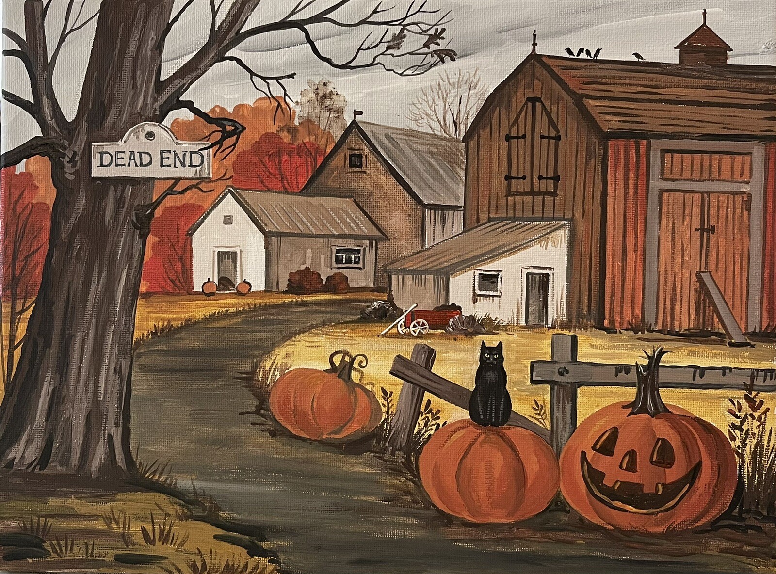 ACEO print of painting RYTA ART SALEM Cat Witch Haunted House Halloween Folk 🎃
