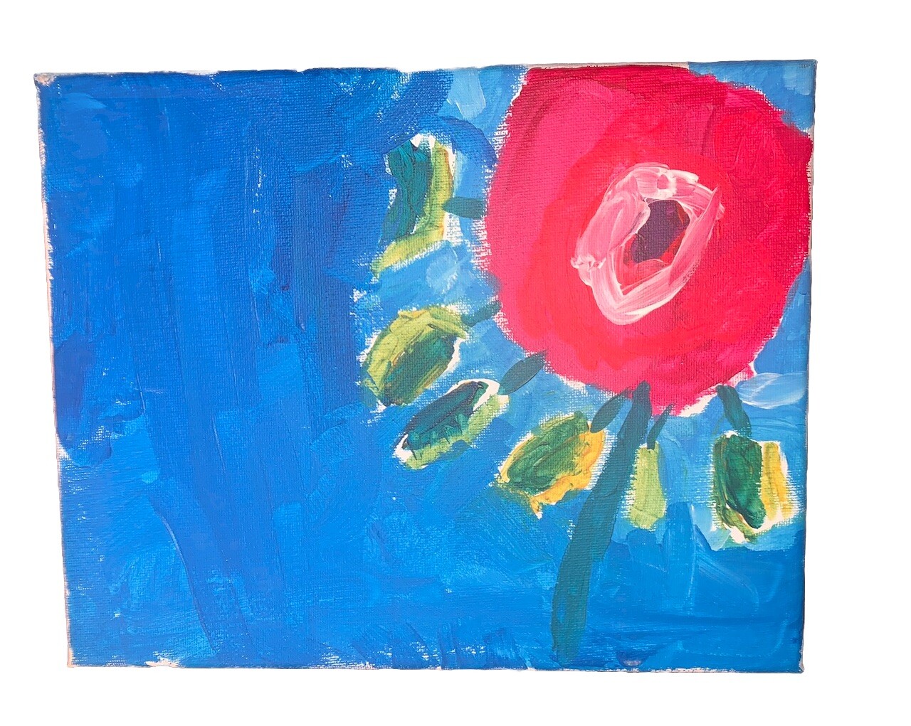 Modern Red Flower Against Bright Blue Sky Green White Yellow Canvas 8”W 10”T