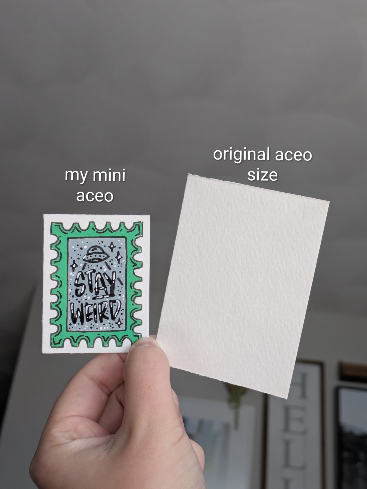 MINI ACEO Art Card, 2×2.5, Stay Weird UFO, Alien, Space, Stamp Style By TS.EG