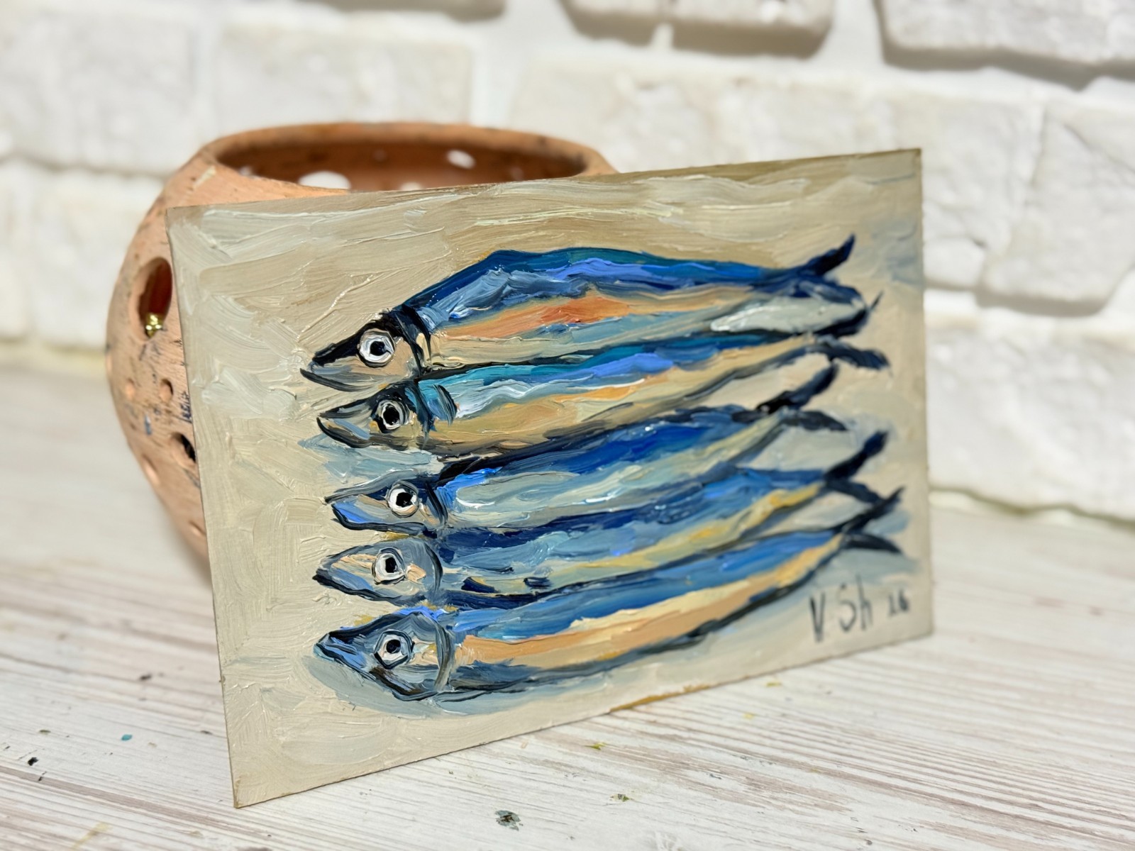 Sardine Original Oil Painting Fish Seafood Art Sardine Still life Kitchen Signed