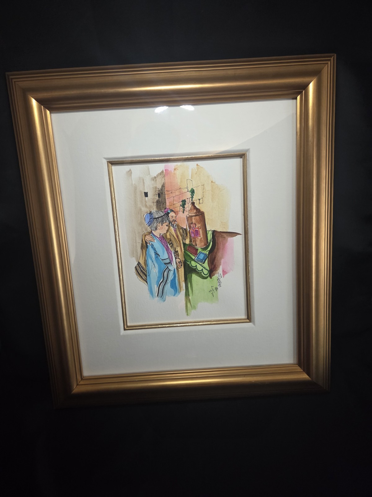 Framed Matted Signed Figures Painting on Paper, Illustration Art Portrait