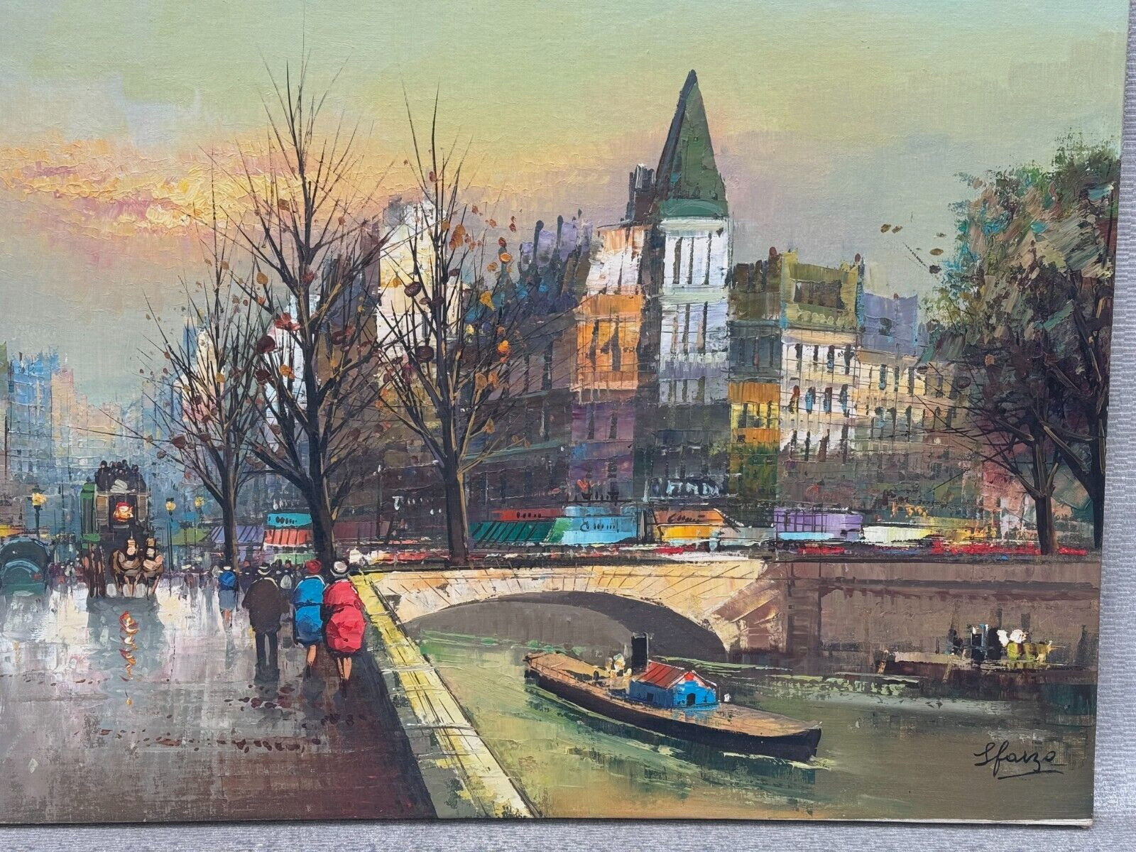 L FARZO SIGNED ILLEGIBLE PARIS FRANCE OIL PAINTING RIVER SEINE FIGURES STREET
