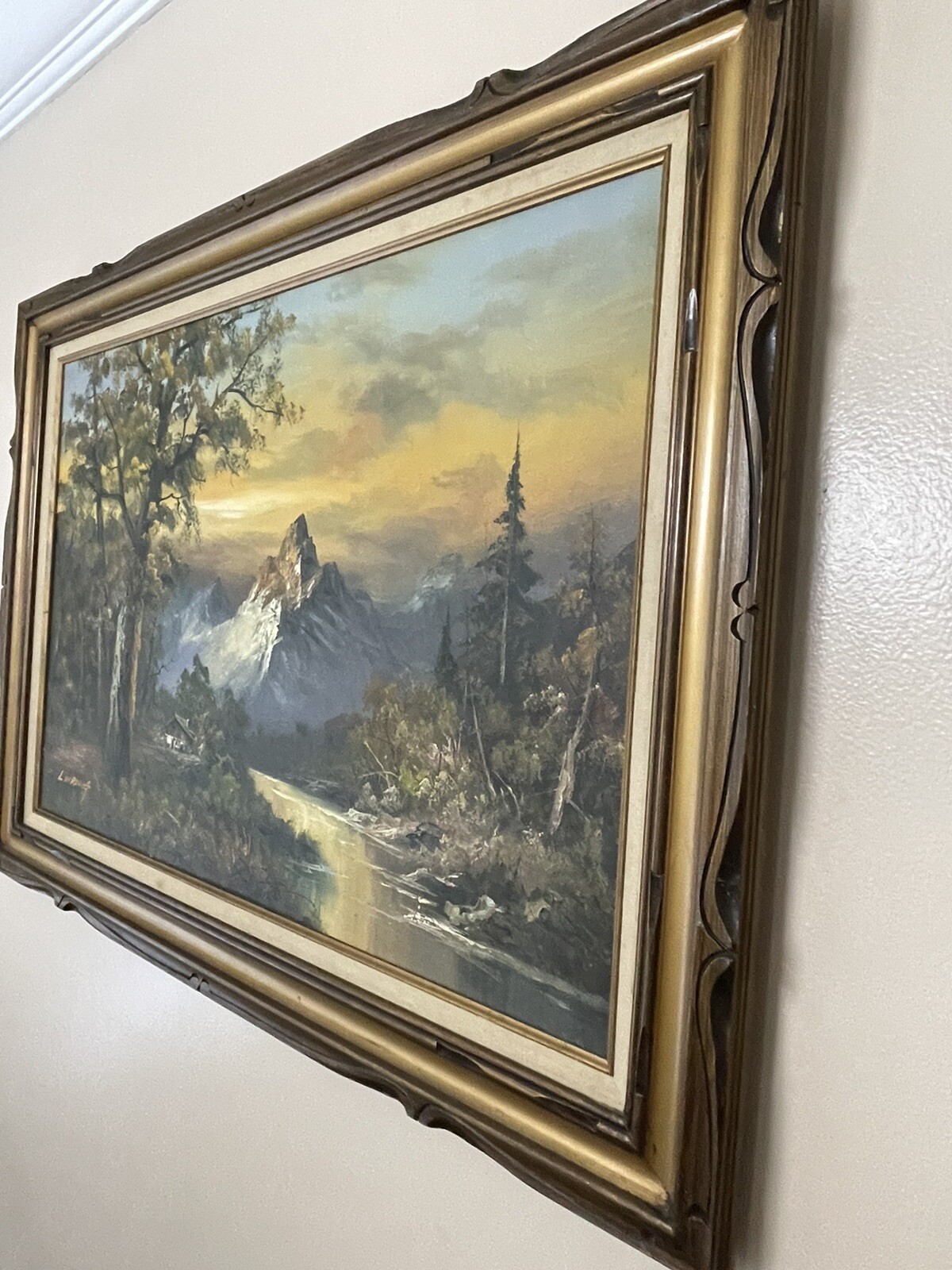 L HARDING PAINTING ON CANVAS / LANDSCAPE MOUNTAINS WATERFALL SIGNED FRAMED