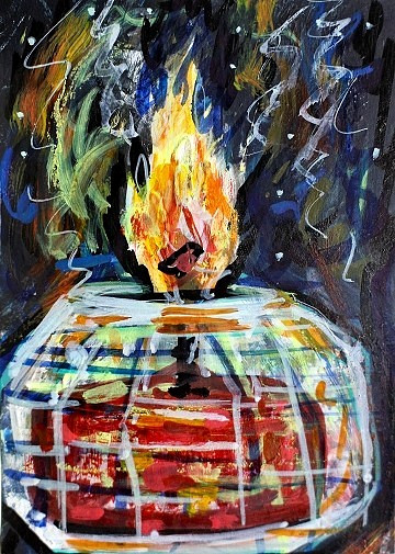 ORIGINAL ACEO Painting Red CANDLE Burning FIRE Flame Crystal Peace Zen ATC ART
