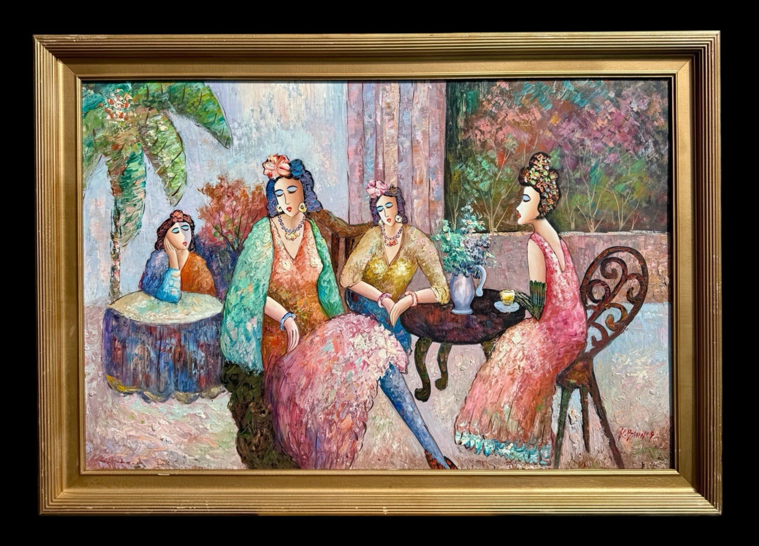 ⭕️ K. BARNES «TEA TIME» OIL PAINTING FRAMED 29×41 FIGURATIVE ART