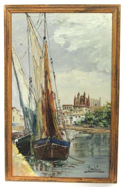 Impressionist Oil Ship and Cathedral Marine Painting Dalia