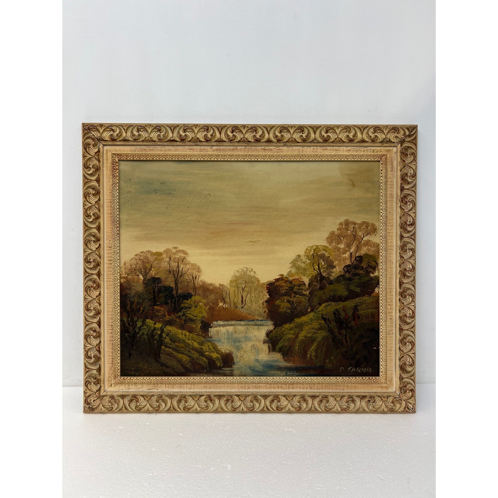 Vintage Signed Waterfall Landscape Oil Painting Ornate White Gold Frame Original