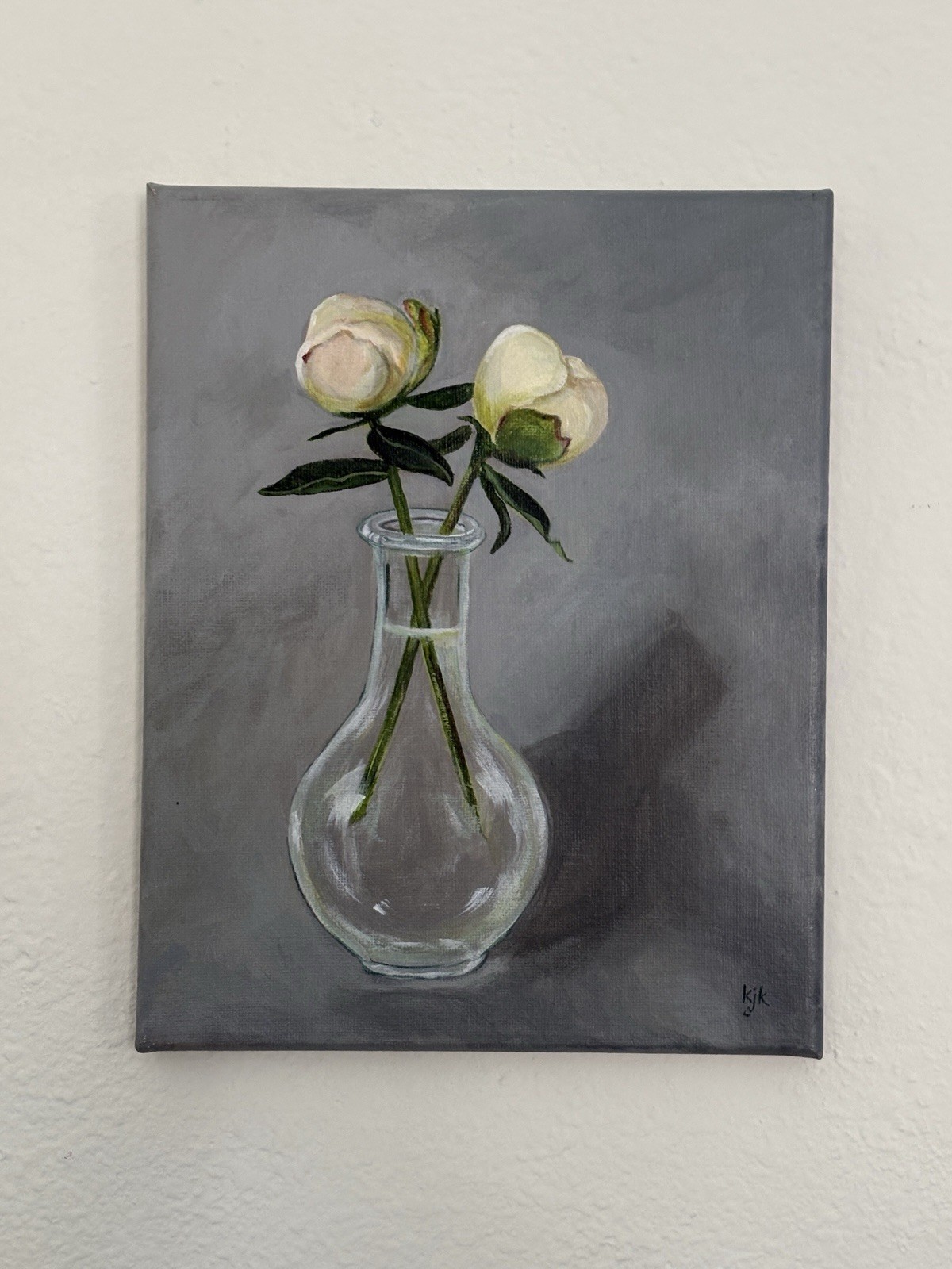 Peony Buds In Vase, Original Acrylic Painting on Canvas, 8 X 10 Inch