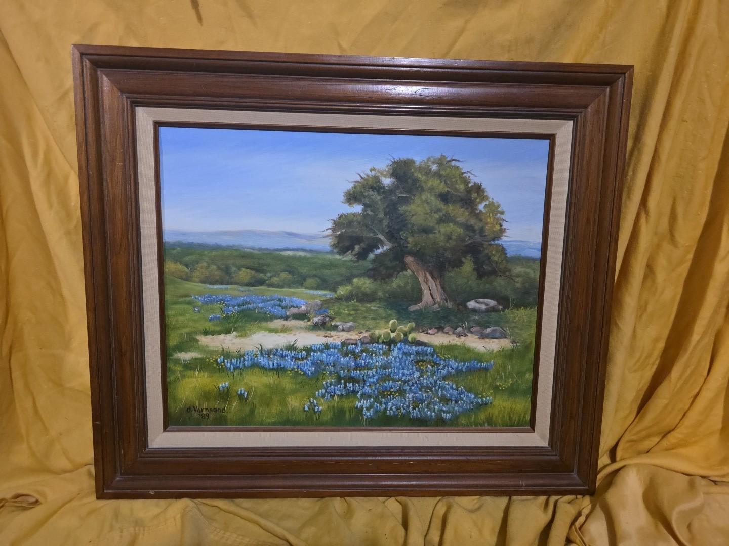 Texas Bluebonnet Hill Country Scape, D. Vornsand ’89 Oil Painting Weimar TX