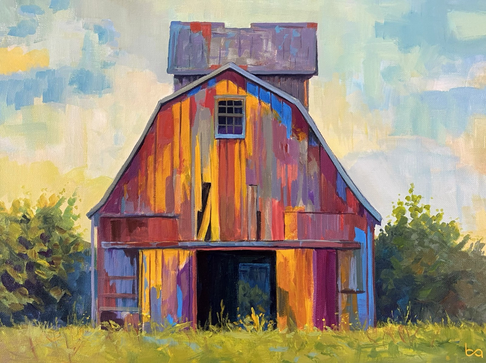 Colorful Red Barn Original Acrylic Painting Farmhouse Country Landscape Wall Art