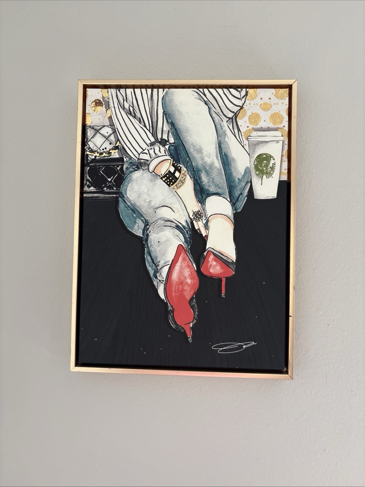 ChicLady W Starbucks Cup on Canvas Painting Gold Tone Frame 12″X16″ By Jodi