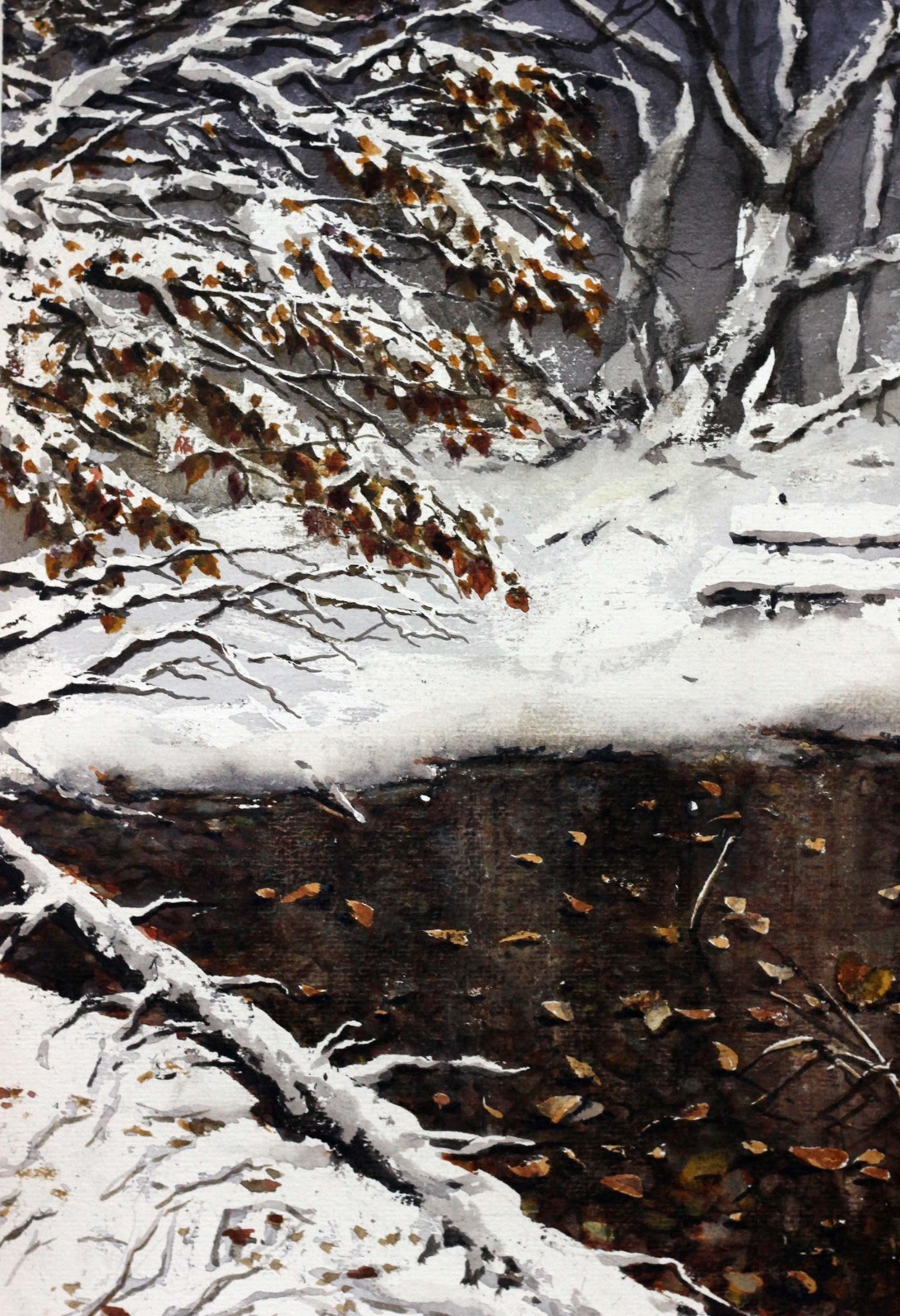 Original Watercolor Painting First Snow Park Autumn Leaves Bench Art