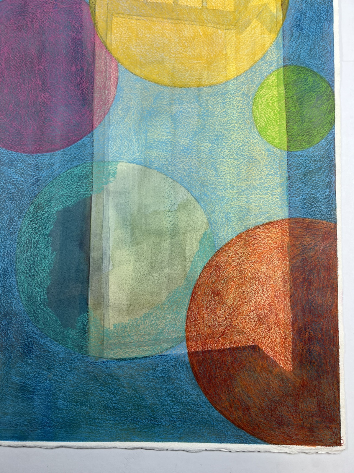 Mixed Media Painting Floating Door & Spheres In Space 22×15” Surreal Folk Art
