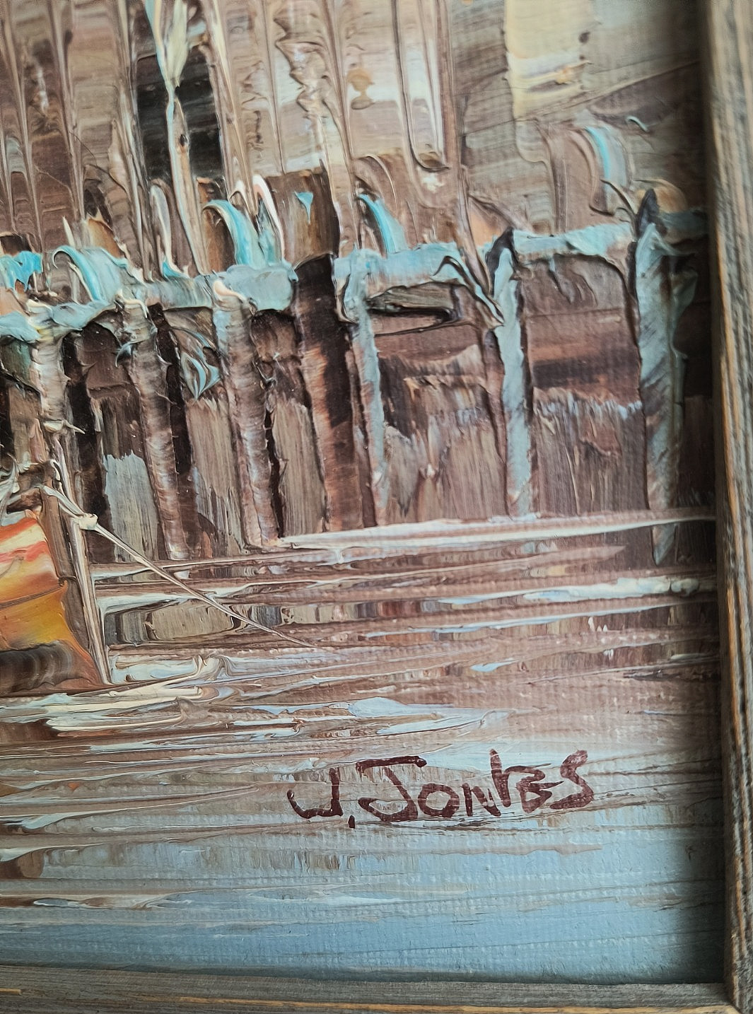 Vintage W. Jones Harbor Scene Fishing Boats Framed Oil Painting 15” X 13”