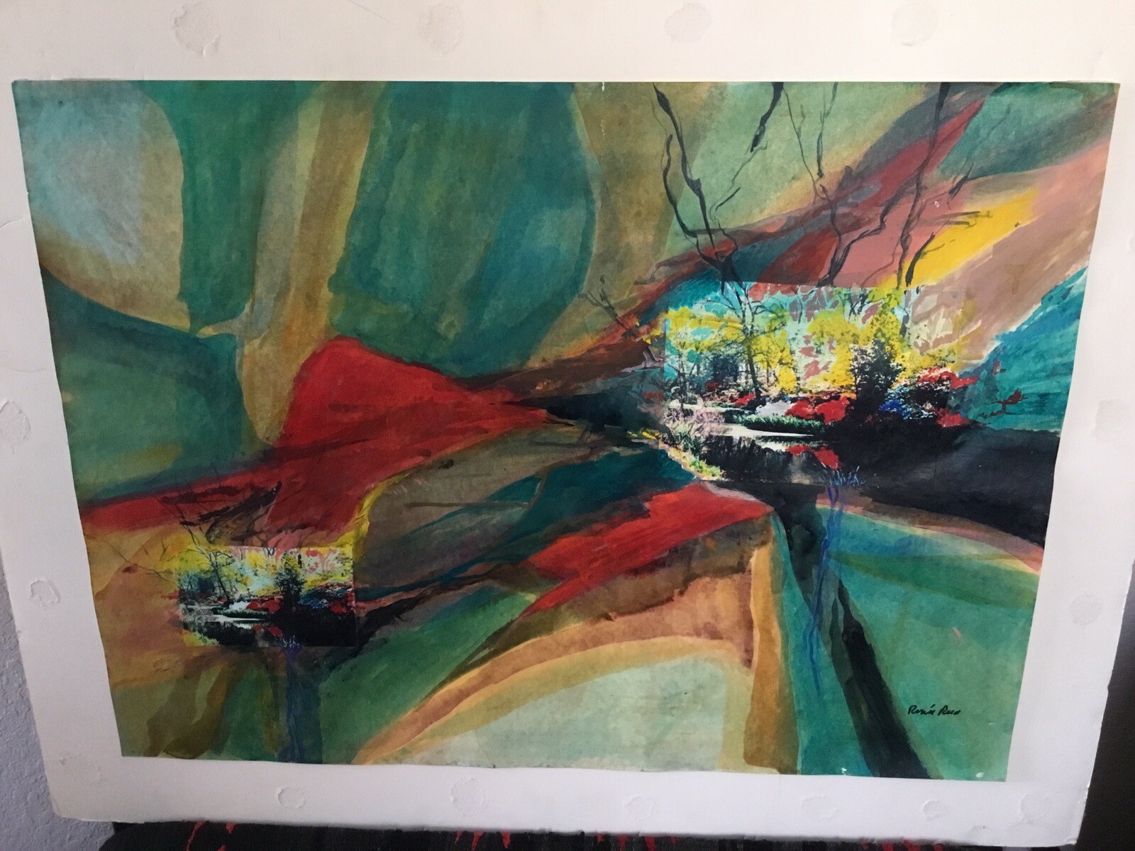 AUTHENTIC LISTED ARTIST RENEE REED ABSTRACT PAINTING/ COLLAGE SUPER COOL !