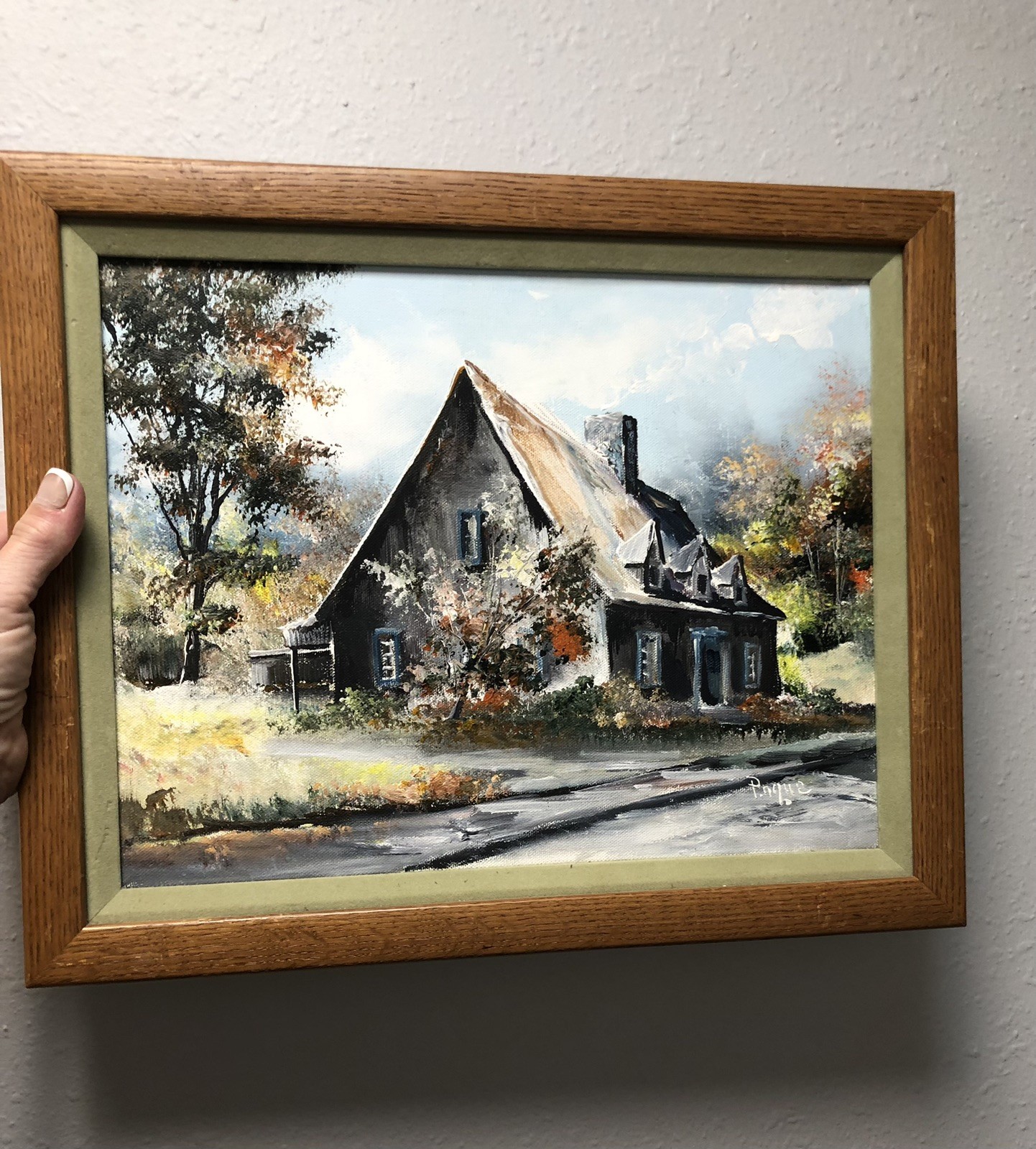 VTG Original signed Oil On Canvas Framed Art Rustic Cottage Scene 13.5 X 16.5”