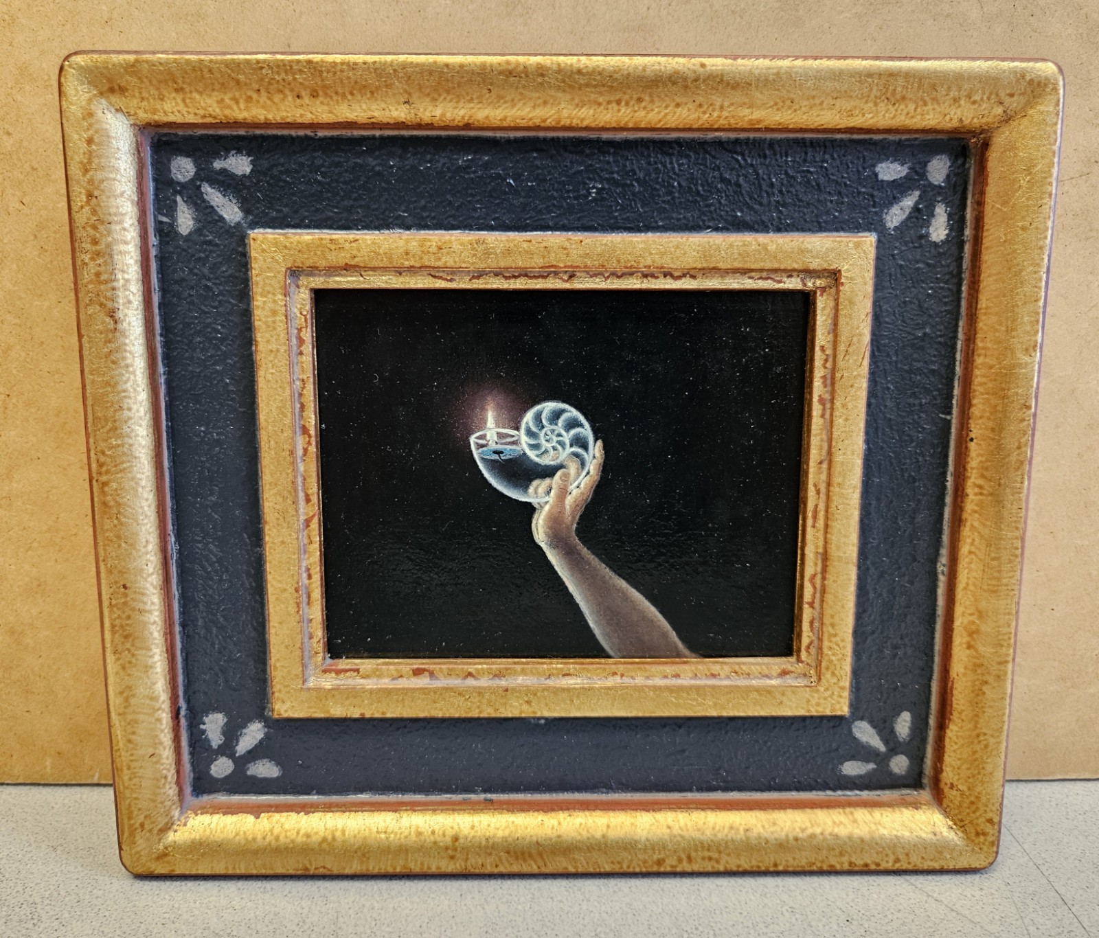 Vintage Surreal Miniature Painting Hand Holding Shell Light Signed Paul McMillan
